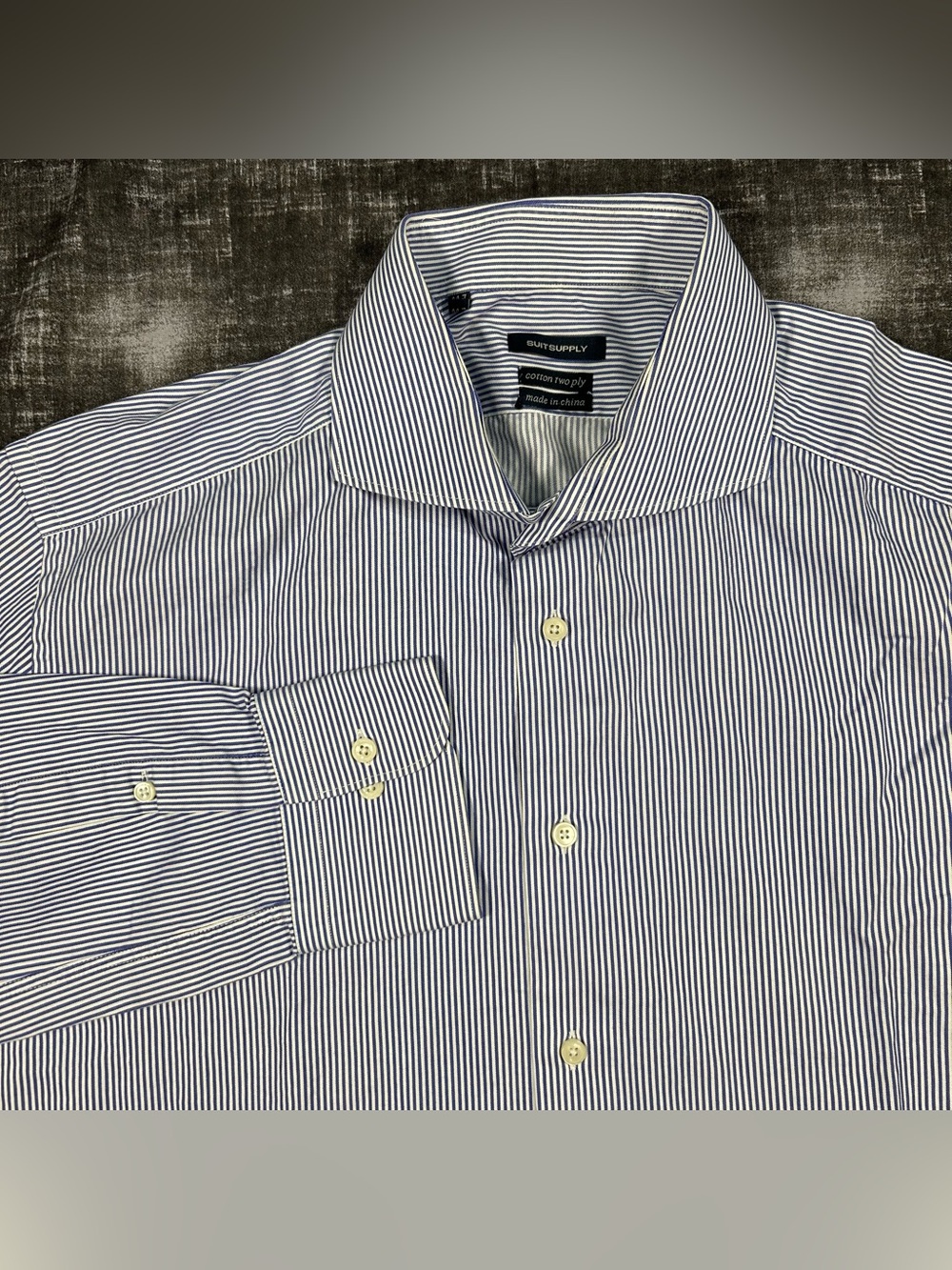 Suitsupply Dress Shirt Men 44-7 17.5 White/Blue Striped Cotton Two Ply Button Up